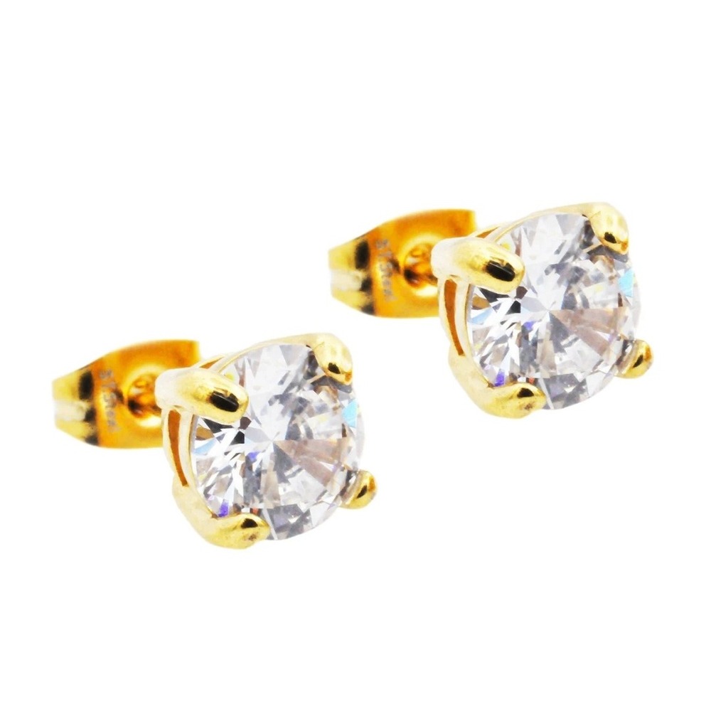Blackjack Stud Earrings Mens 7mm Gold Stainless Steel Cubic‎ Zirconia Gold 7mm